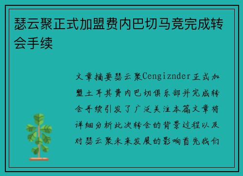 瑟云聚正式加盟费内巴切马竞完成转会手续